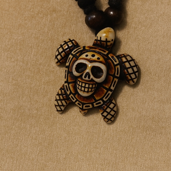 “Hand-Carved Turtle Skull Pendant Necklace — Boho Beach Tribal Jewelry” - Picture 2 of 5